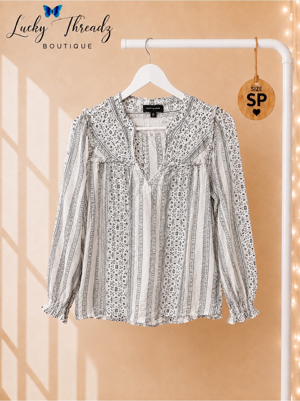 Lucky Brand Boho Floral Striped Split Neck Blouse SP